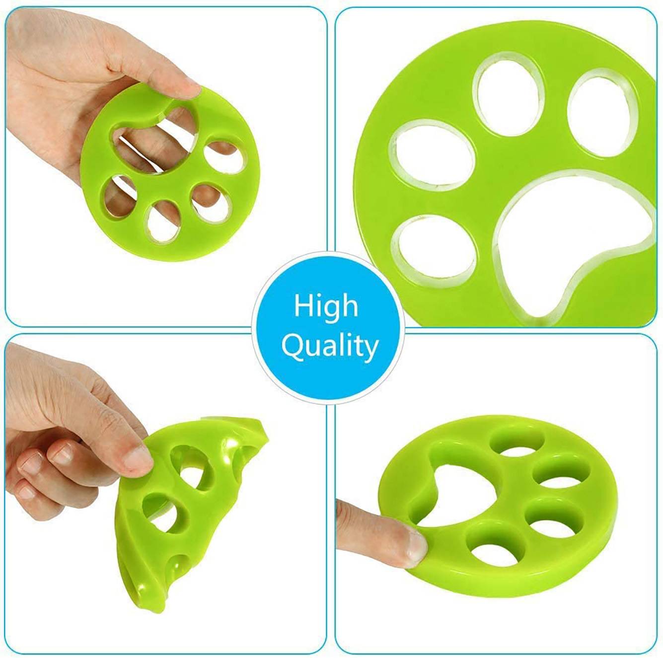 Collage einer Hand, die einen leuchtend grünen, flexiblen Silikonring mit Fingerlöchern hält, gekennzeichnet mit „High Quality", gezeigt aus mehreren vergrößerten Perspektiven.