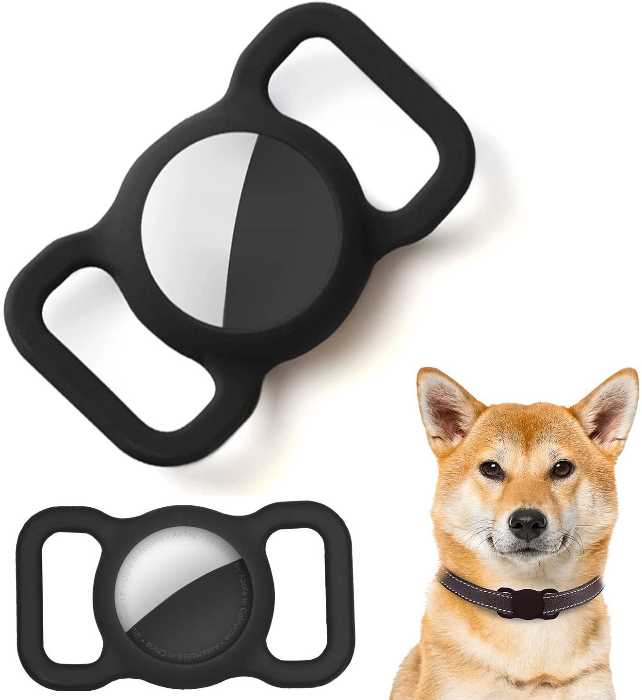 Zwei schwarze verstellbare Halsbandsschnallen/Verschlüsse für Haustiere, gezeigt mit einem Hund, der ein Halsband trägt.