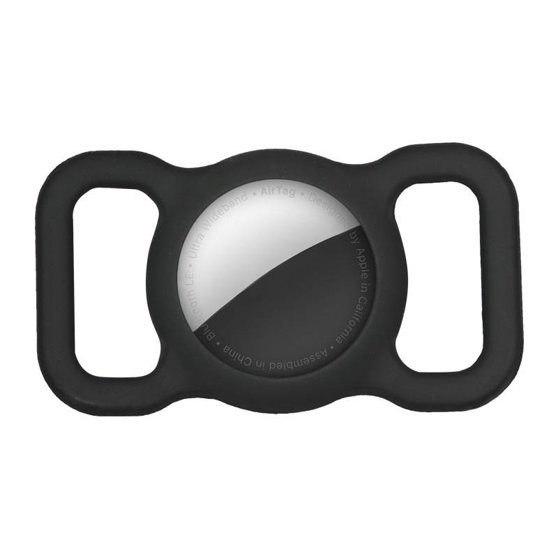 Schwarze Silikon-Apple-AirTag-Schutzhülle mit zwei rechteckigen Schleifenösen auf weißem Hintergrund.