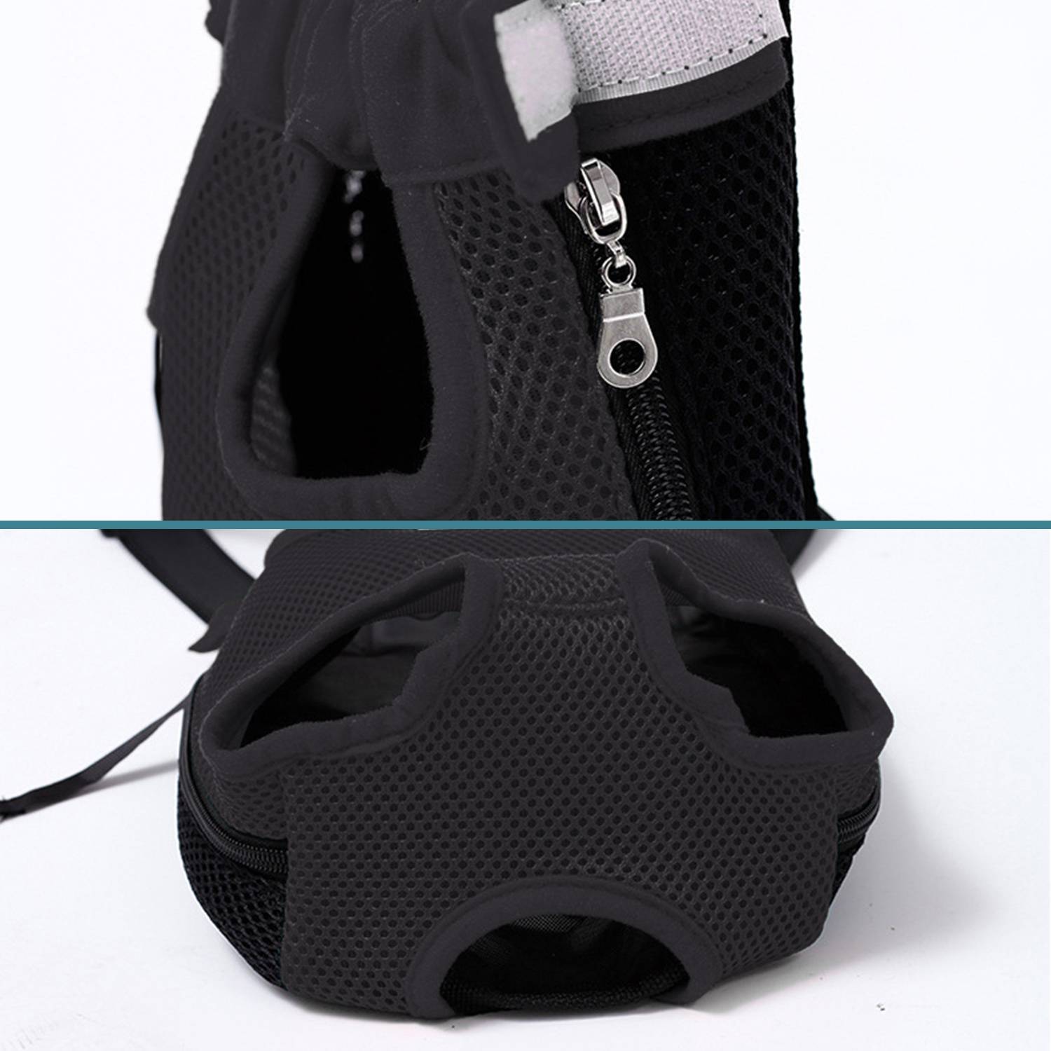 Schwarzer Mesh-Tierträger oder Maulkorb mit Reißverschluss und oberen Öffnungen, von der Seite und von vorne auf weißem Hintergrund dargestellt.