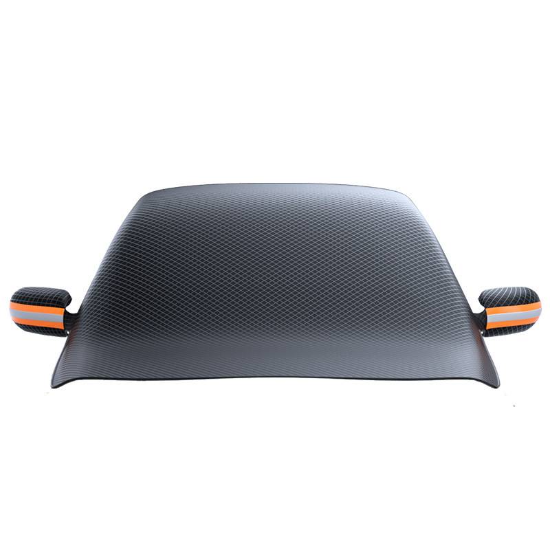 Kohlefaser-strukturierte Motorhaube mit Seitenspiegeln mit orangefarbenen und schwarzen Rennstreifen, vor weißem Hintergrund gezeigt.