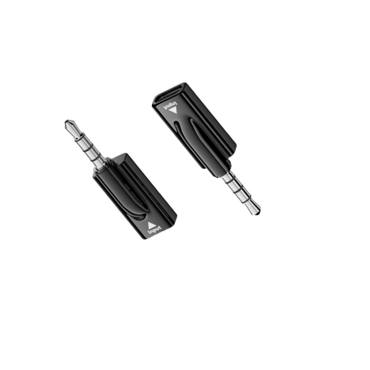 Zwei schwarze Audio-Adapterstecker mit 3,5-mm-Steckverbindern, einzeln auf weißem Hintergrund abgebildet.