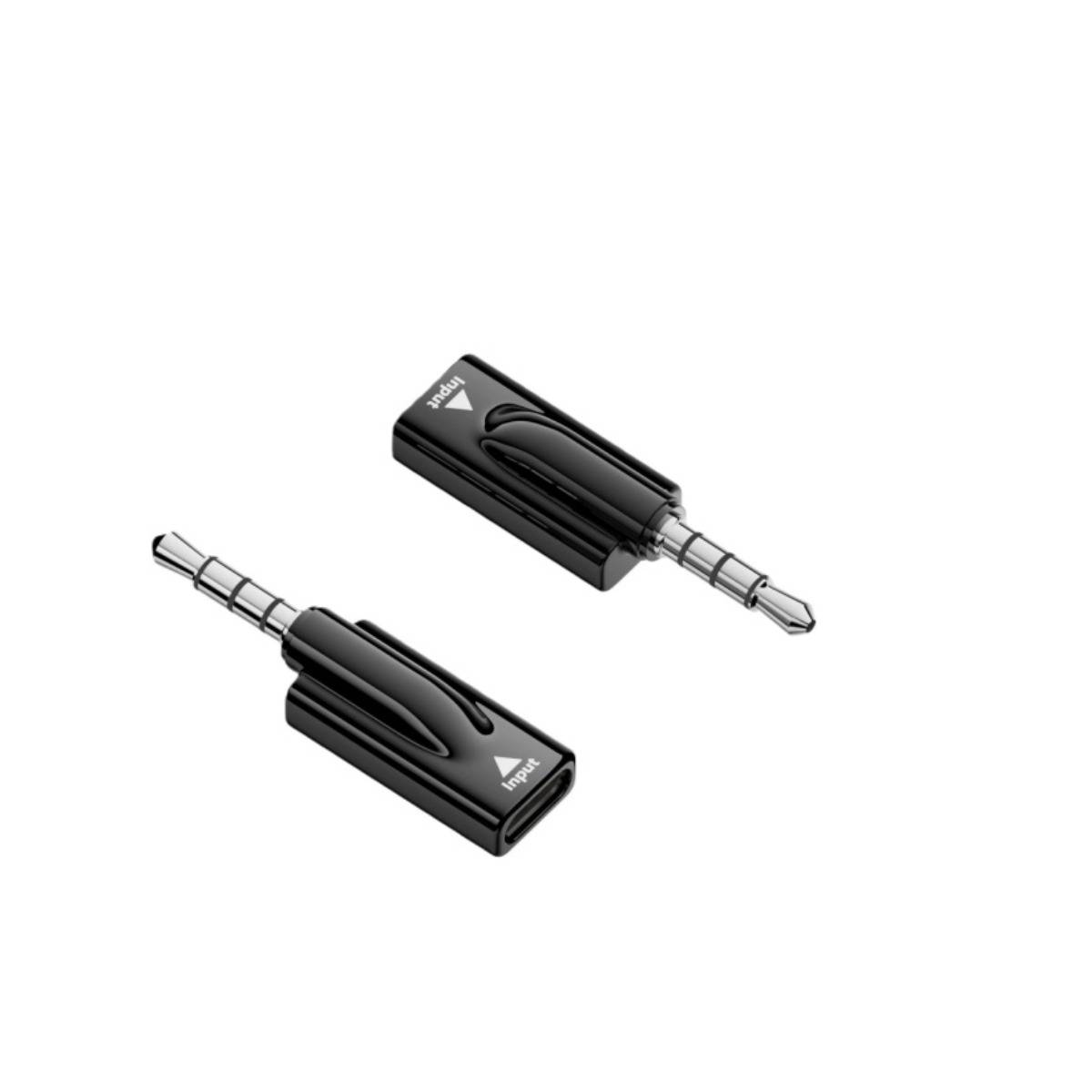 Zwei schwarze 3,5-mm-Audioadapterstecker auf weißem Hintergrund, jeweils mit geriffeltem rechteckigem Gehäuse und metallischem Steckerspitzenkontakt.