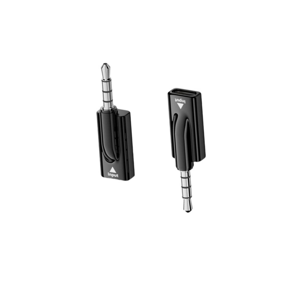 Zwei schwarze Audio-Adapterstecker mit 3,5-mm-Anschlüssen, beschriftet mit Ein- und Ausgang, auf weißem Hintergrund dargestellt.