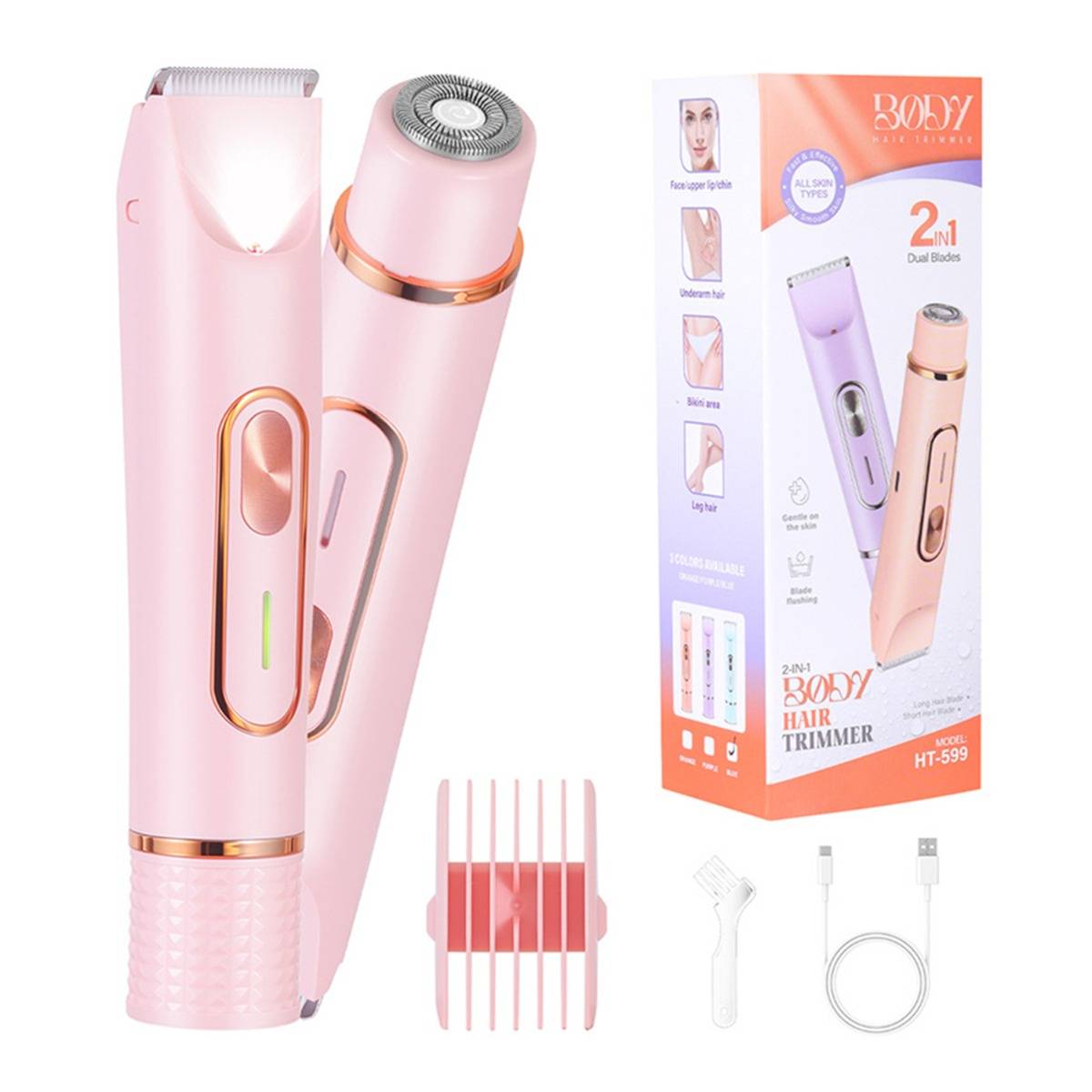 Rosa 2-in-1 Körper- und Haarschneider-Set mit zwei Gerätwinkeln, Kammaufsatz, Reinigungsbürste, USB-Ladekabel und Einzelhandelsverpackung.