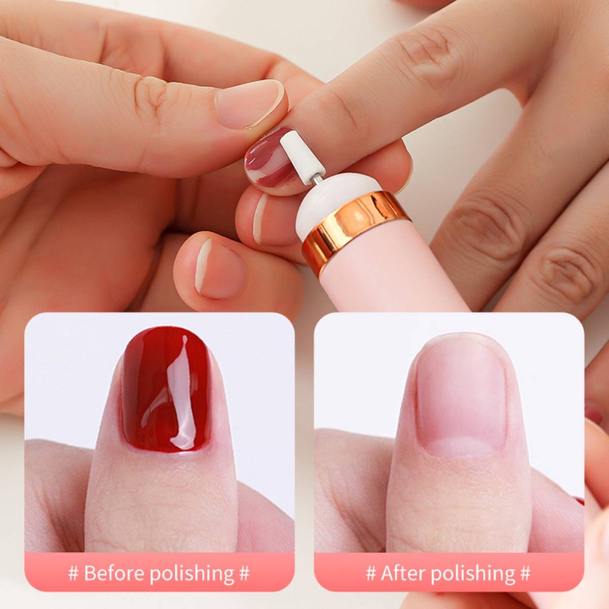 Nagelpoliturprozess, der einen Finger zeigt, der mit einem Werkzeug poliert wird, mit Vorher-Nachher-Miniaturansichten, die einen glänzenden roten Nagel mit einem glatten natürlichen Nagel vergleichen.