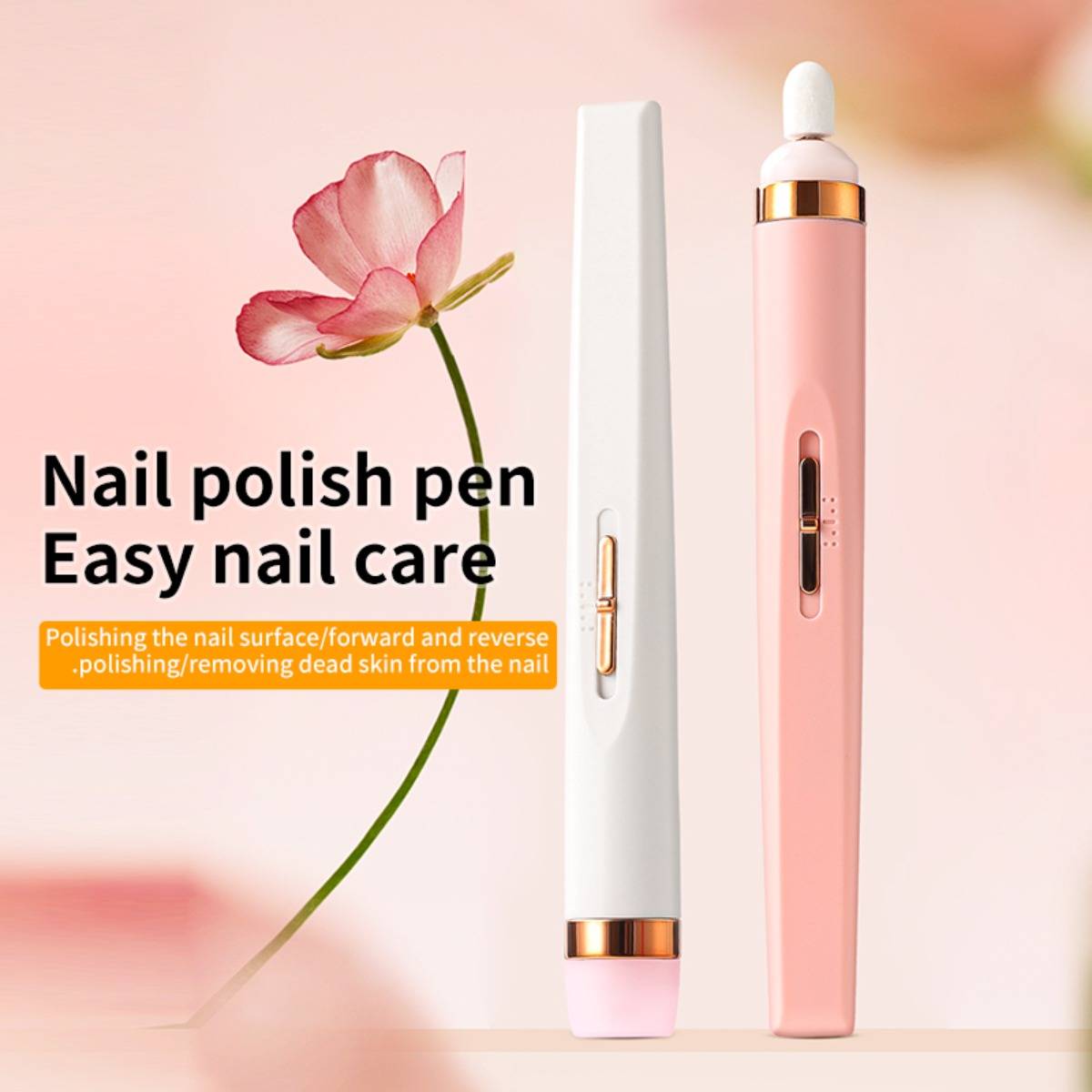 Werbebild eines rosa Nagellack-Stifts und eines weißen stiftförmigen Nagelpflegegeräts mit dem Text „Nagellack-Stift Einfache Nagelpflege