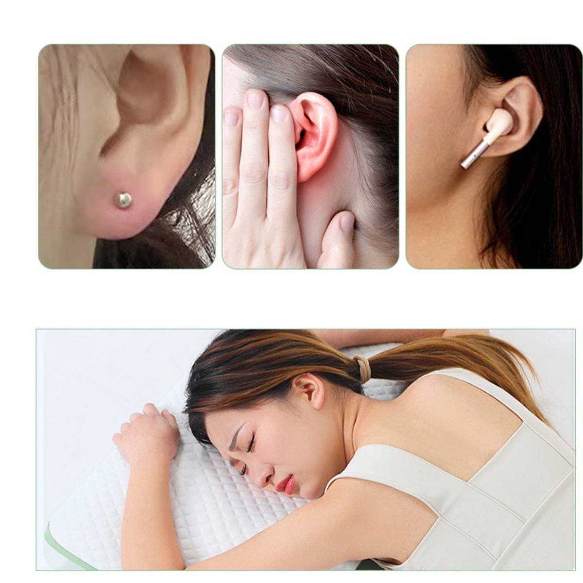 Die Collage zeigt Ohrpiercings und eine Frau, die auf ihrer Seite schläft, was auf Unbehagen durch Ohrstöpsel oder Piercing sowie einen Schlafentlastungskontext hindeutet.
