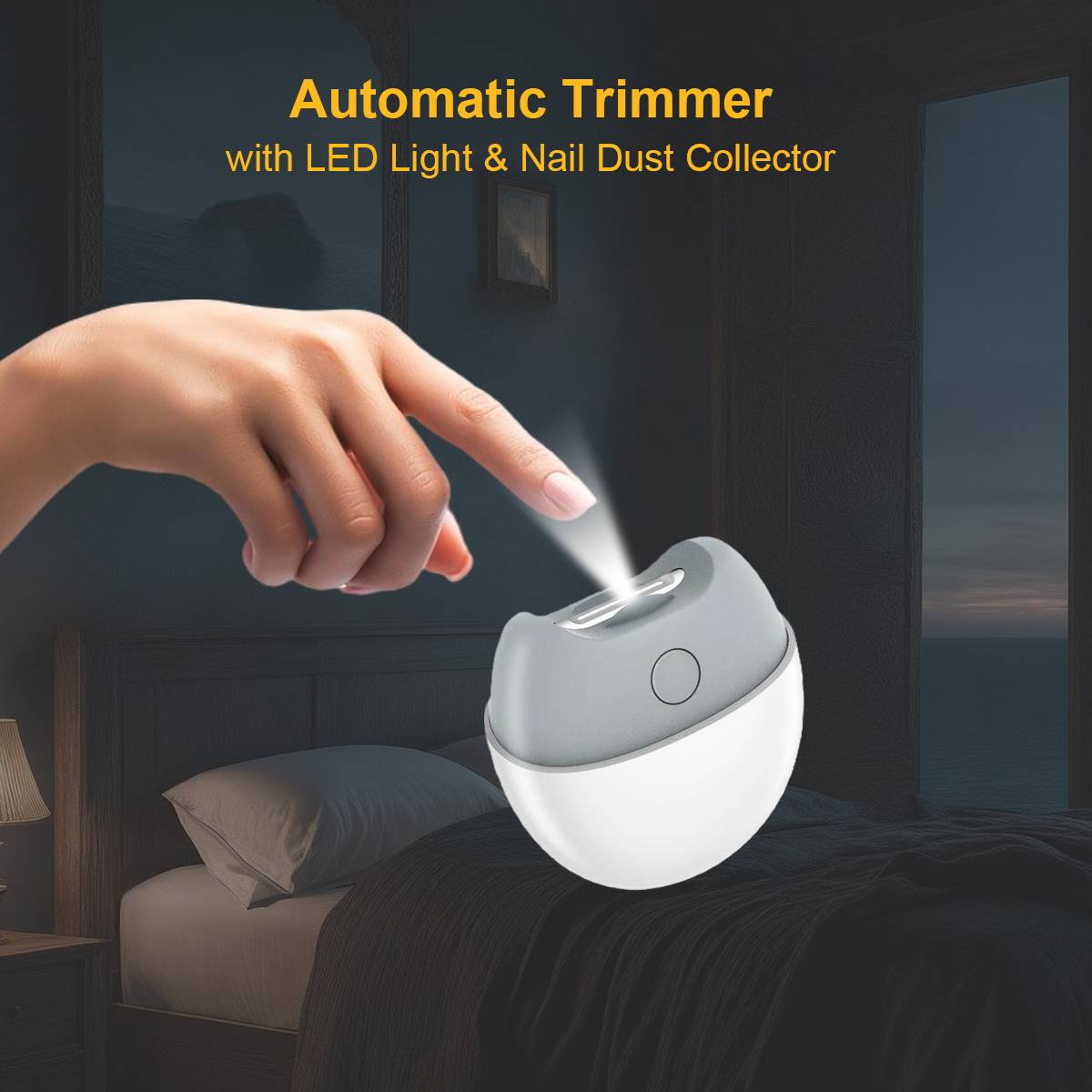 Promotional-Bild eines automatischen Trimmers mit LED-Licht und Nagelstaubsammler, gezeigt unter einem Finger in einem dunklen Schlafzimmer.