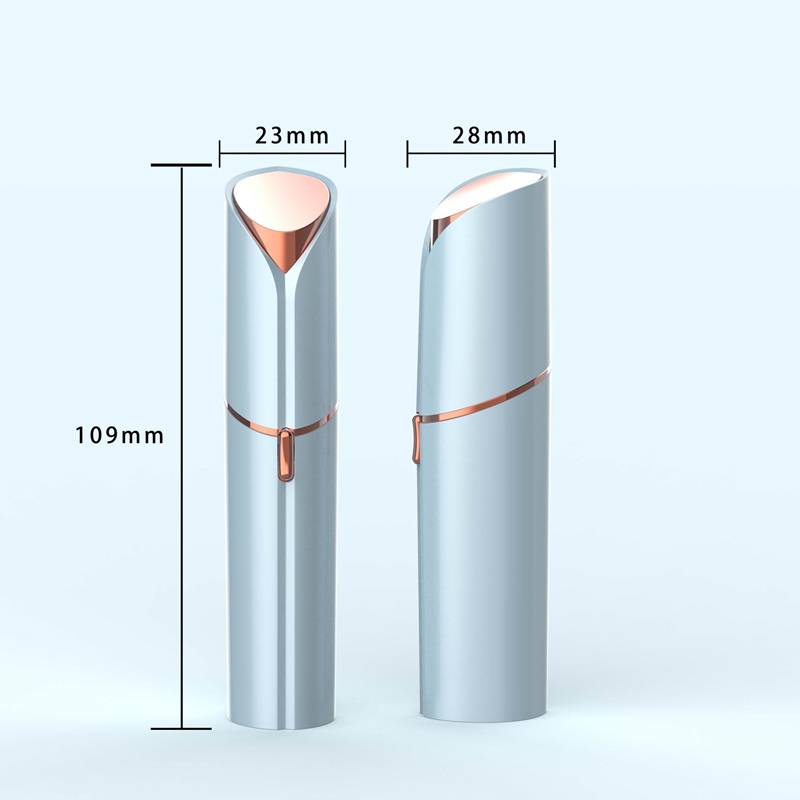 Dimensionierte Kosmetiktube-Illustration mit zwei silbernen Lippenstiften/Tuben, 109 mm hoch, 23 mm breit Vorderansicht und 28 mm Seitenansicht.