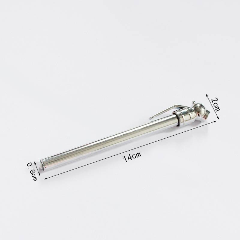 Ein transparentes Glastube mit Metallkappe und Klipp, dargestellt mit Abmessungen: 14 cm lang, 2 cm breit oben, 0,8 cm an der Basis.