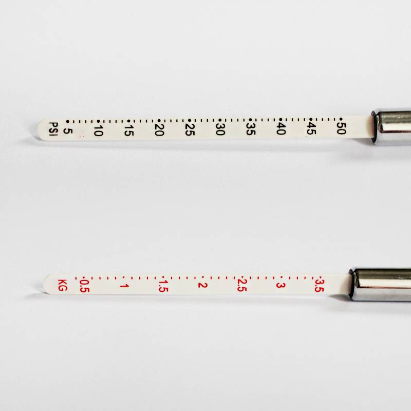 Zwei nebeneinander angeordnete Glasthermometer mit Skalierungsmarkierungen in psi und kg, die Druckmessungen veranschaulichen.