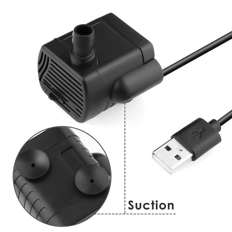 Schwarze USB-betriebene Pumpe oder kleiner Wasserfilter mit Saugnäpfen, dargestellt mit USB-Stecker und einer Beschriftung mit der Bezeichnung „Saugnäpfe