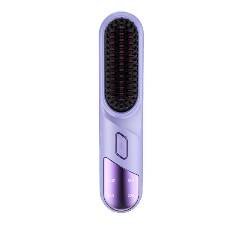 Lavendelfarbene elektrische Haarbürste mit schwarzen Borsten und einem kleinen Einschaltknopf, gezeigt auf weißem Hintergrund.