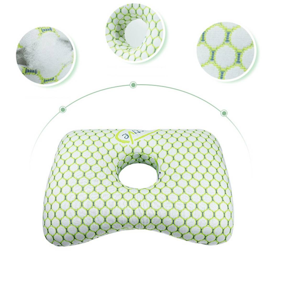 U-förmiges orthopädisches Kissen mit zentralem Kopfloch und grünem Sechseck-Mesh-Bezug, gezeigt mit drei Nahaufnahmekreisen, die Stofftextur und Füllung hervorheben.