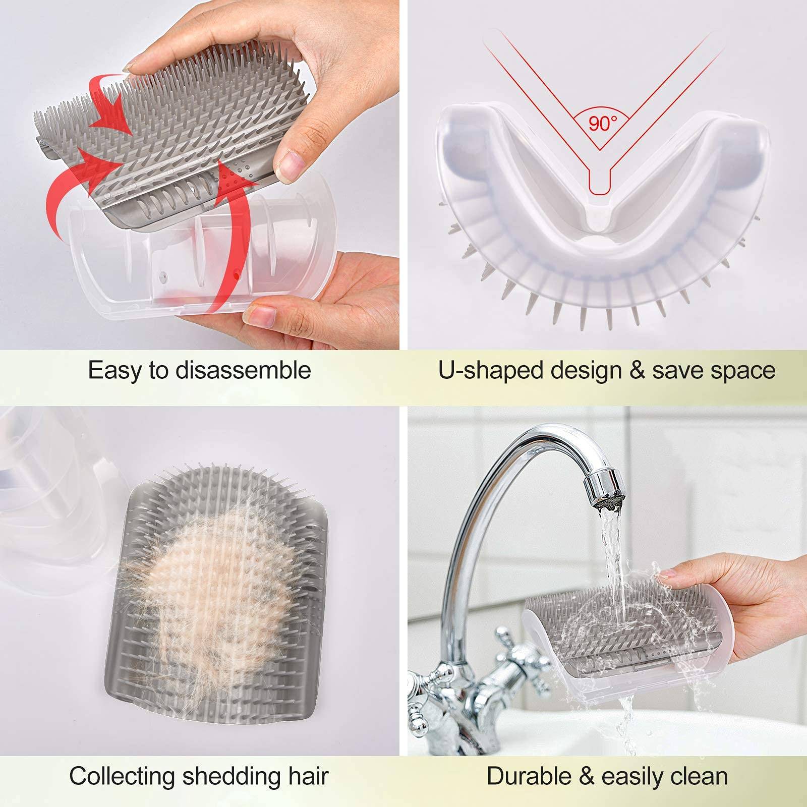 Vierteiliges Produktbild einer transparenten Haarbürste: einfach zu zerlegen, U-förmiges 90-Grad-Design, sammelt ausfallende Haare und lässt sich unter dem Wasserhahn leicht ausspülen.