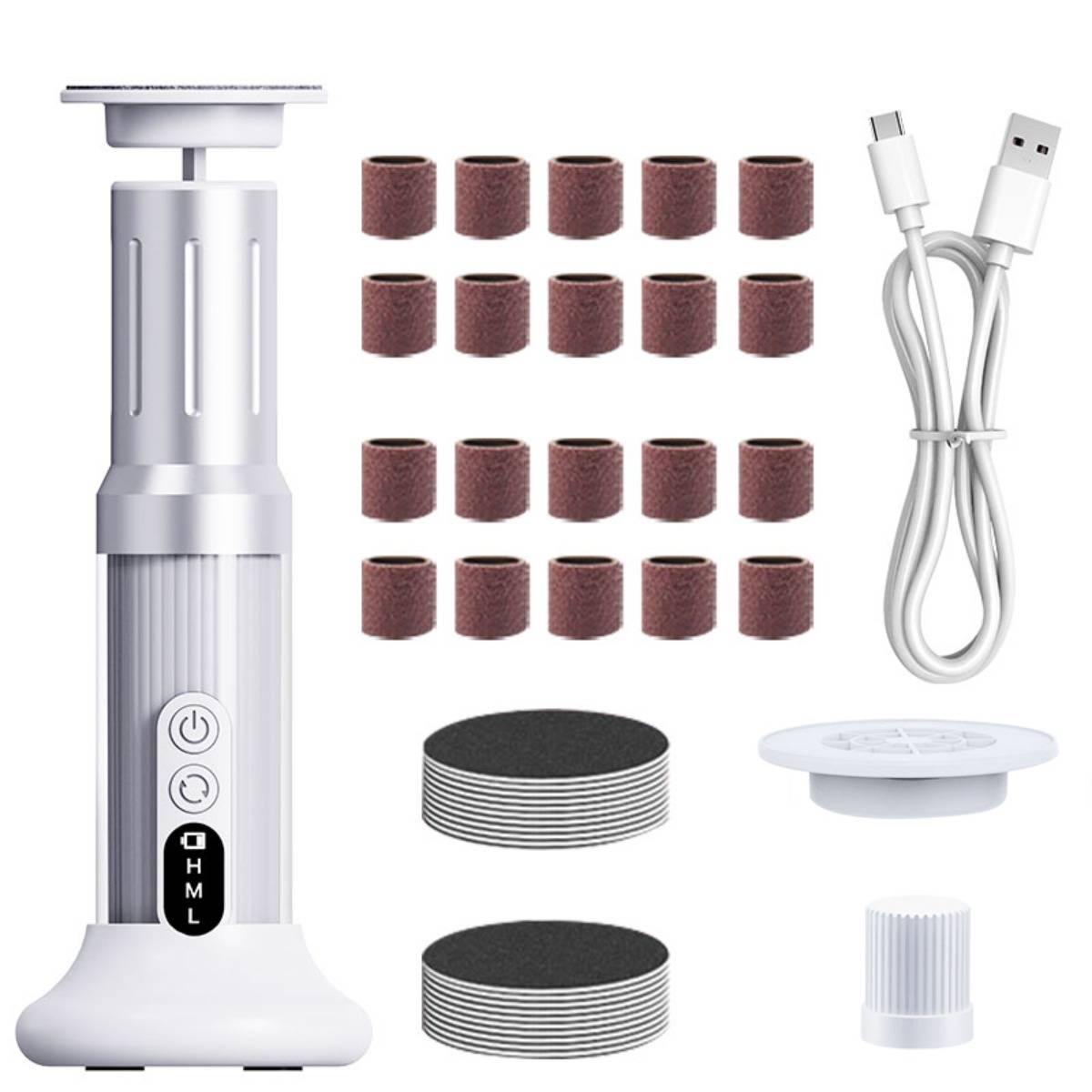 Elektro-Nagelbohrset mit tragbarem Rotationswerkzeug, Schleifbändern, USB-Kabel, Nagelfeilen und Aufsätzen auf weißem Hintergrund.