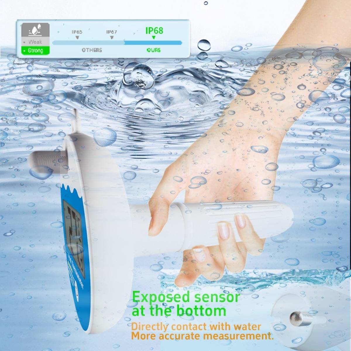 Wasserdichtes tragbares Gerät mit freiliegendem Bodensensor, das direkten Wasserkontakt für präzisere Messung und IP68-Schutzart zeigt.
