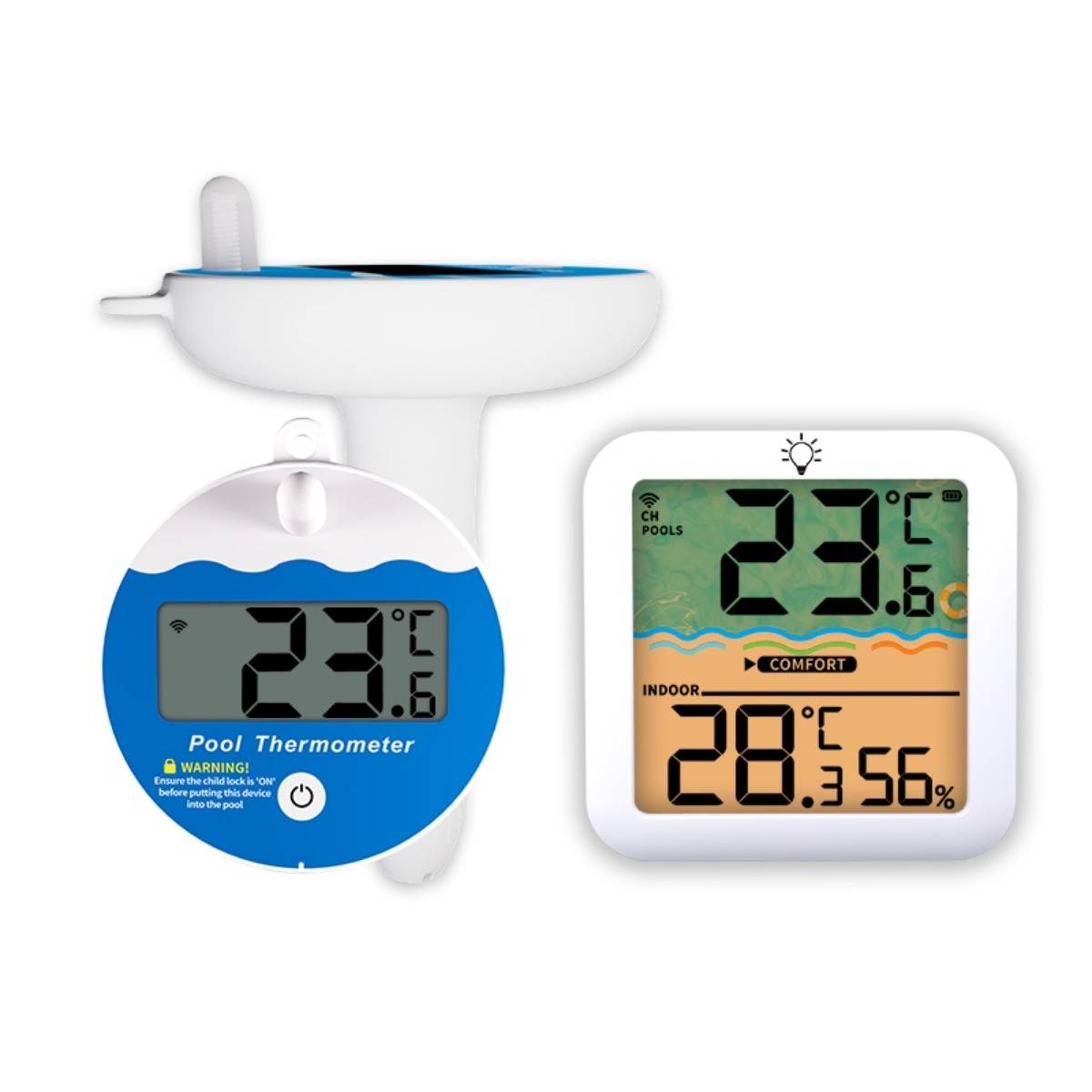 Zwei digitale Poolthermometer-Displays zeigen Wasser- und Innentemperaturen an: 23,6°C im Pool und 28,3°C mit 56% Luftfeuchtigkeit innen.
