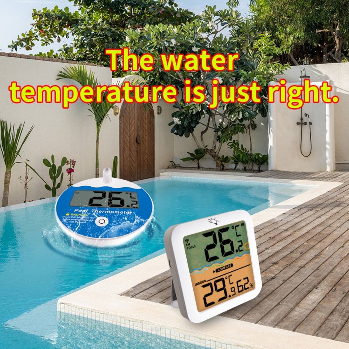 Schwimmender Pool-Thermometer und digitale Temperaturanzeige zeigen Wasser bei 26,2°C, mit der Beschriftung „Die Wassertemperatur ist genau richtig.