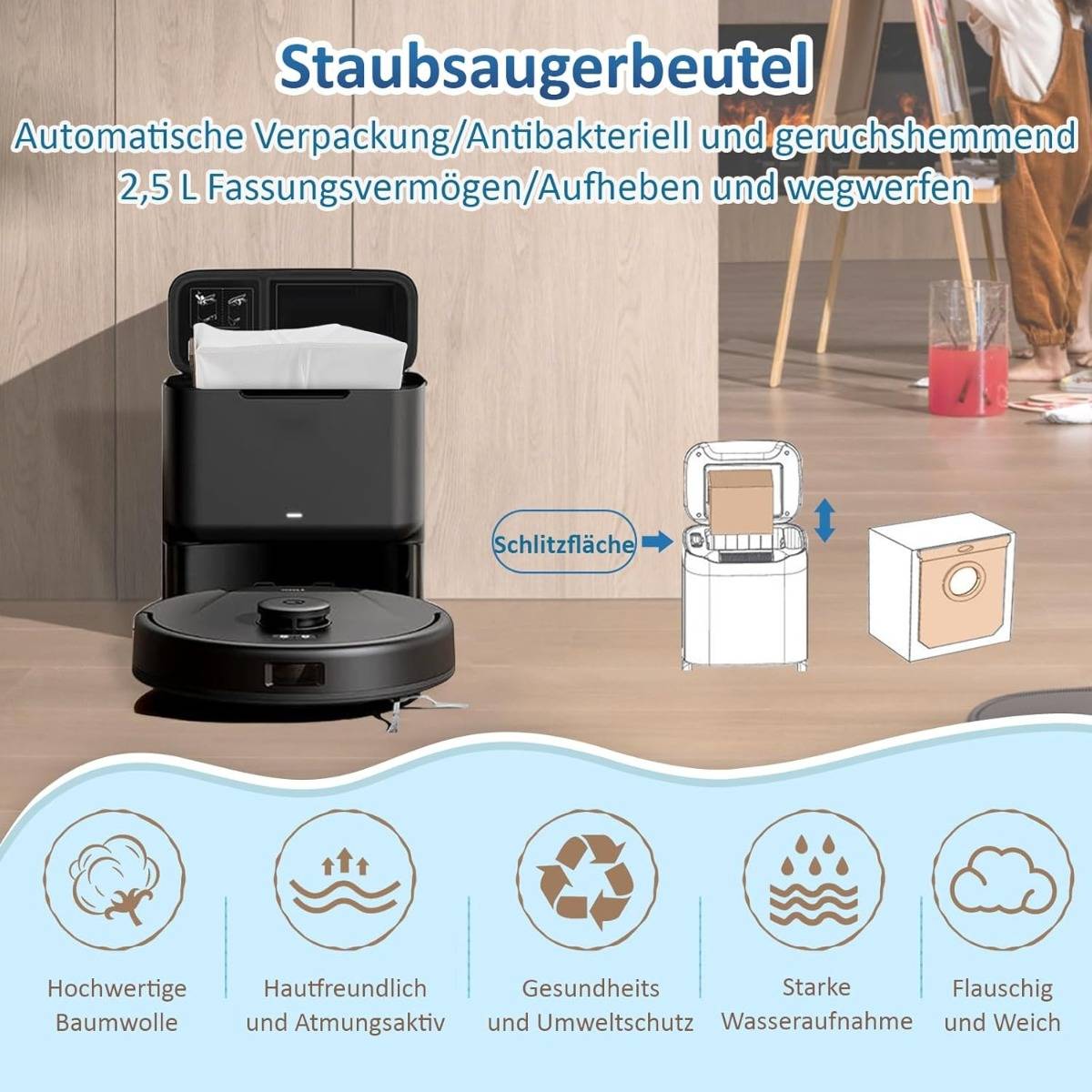 Werbegrafik für Staubsaugerbeutel mit automatischer Versiegelung, antibakterieller Geruchskontrolle, 2,5 L Fassungsvermögen und einfacher Entsorgung mit Funktionssymbolen für Baumwolle, Atmungsaktivität, Recycling, Saugfähigkeit und Weichheit.