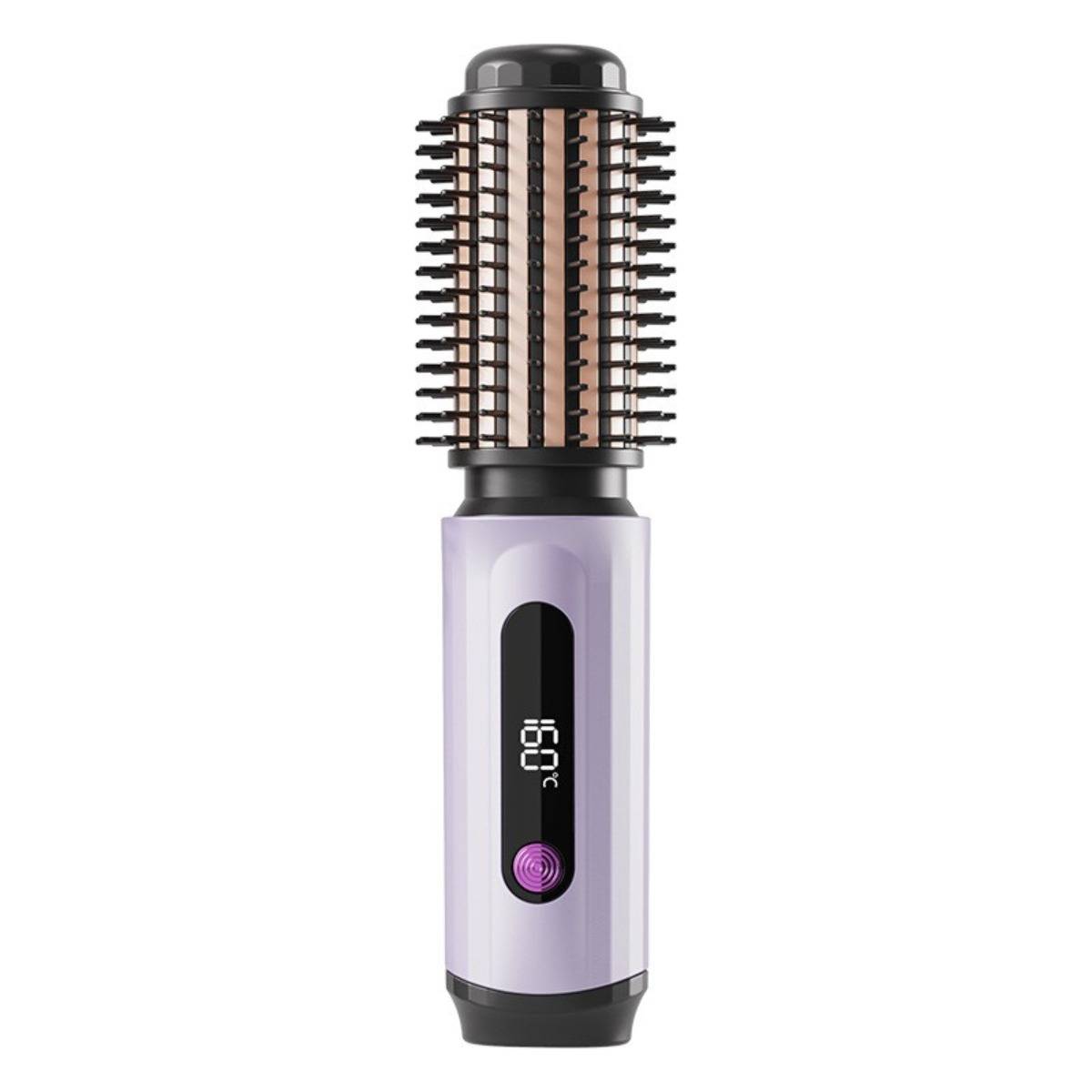 Haarbürste mit violettem Griff und digitaler Temperaturanzeige sowie beheizten Borsten zum Glätten oder Lockendrehen von Haaren.