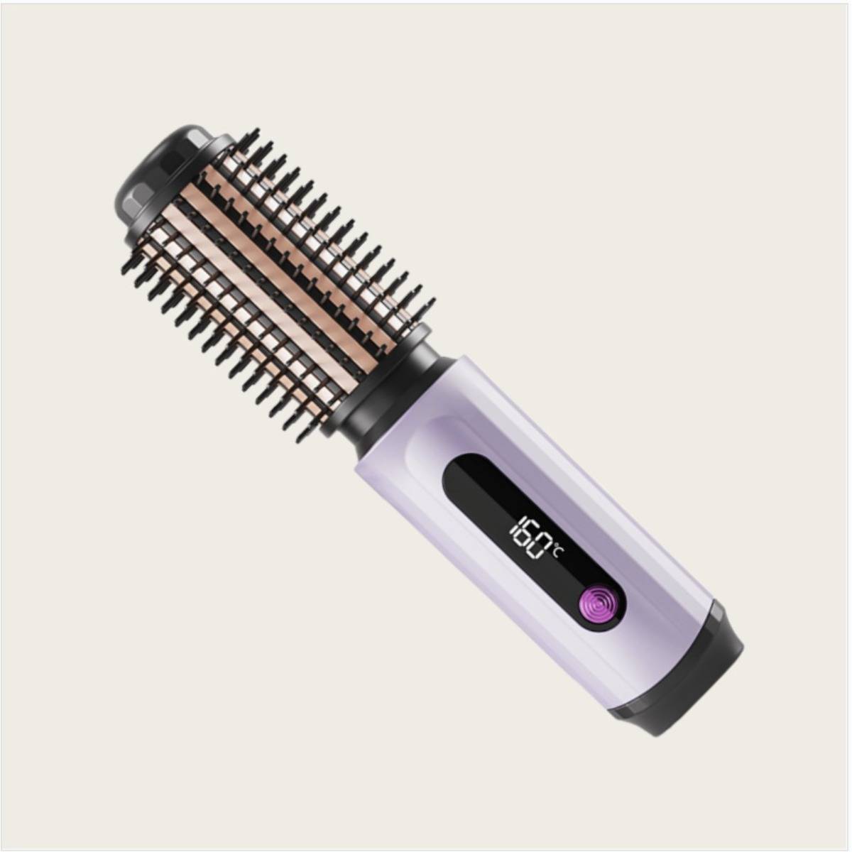 Lila beheizter runder Haarbürsten-Styler mit schwarzen Borsten und digitaler 160°C-Anzeige auf einfachem Hintergrund.