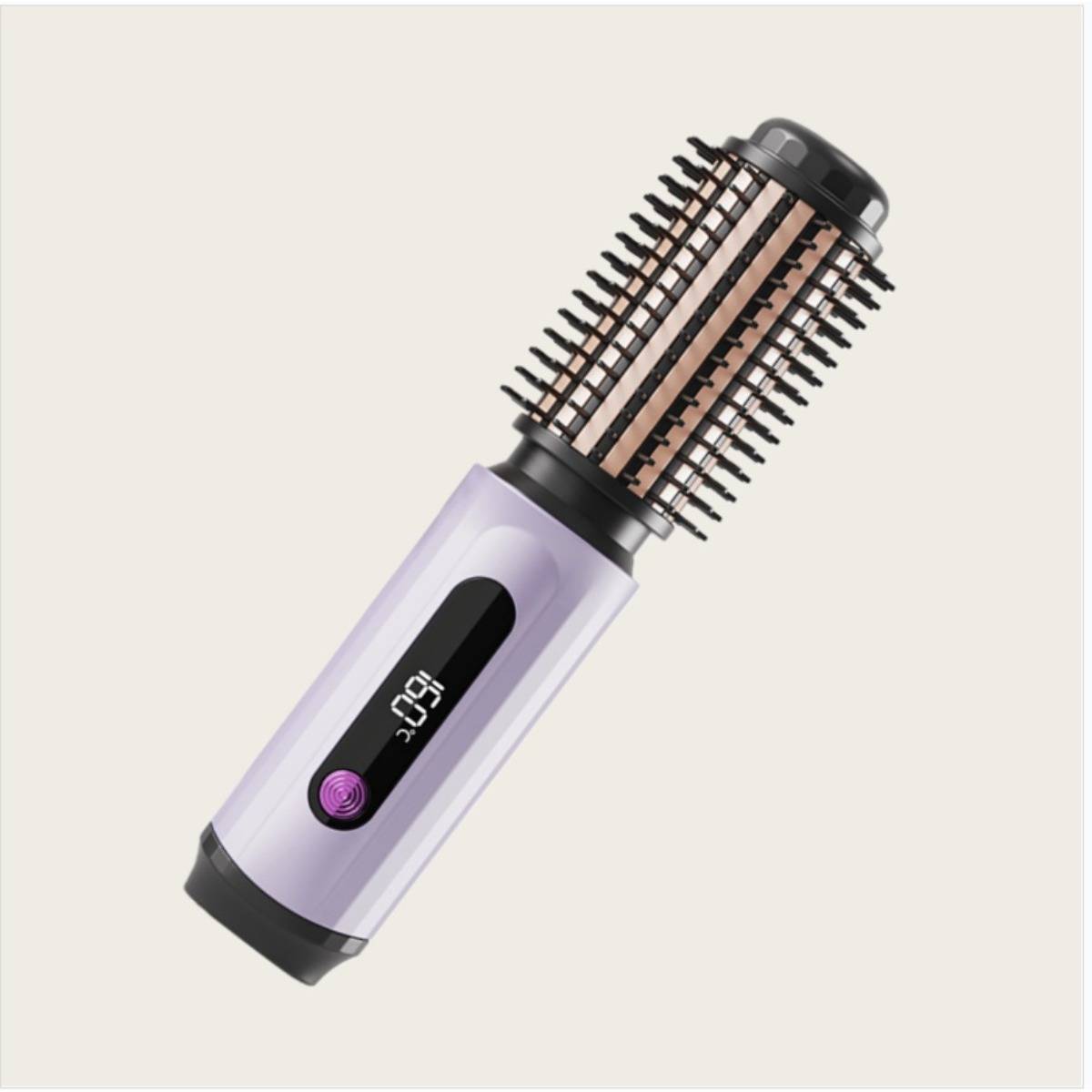Violette beheizte Haarstyling-Bürste mit digitalem Display, schräg auf einem schlichten hellen Hintergrund angeordnet.