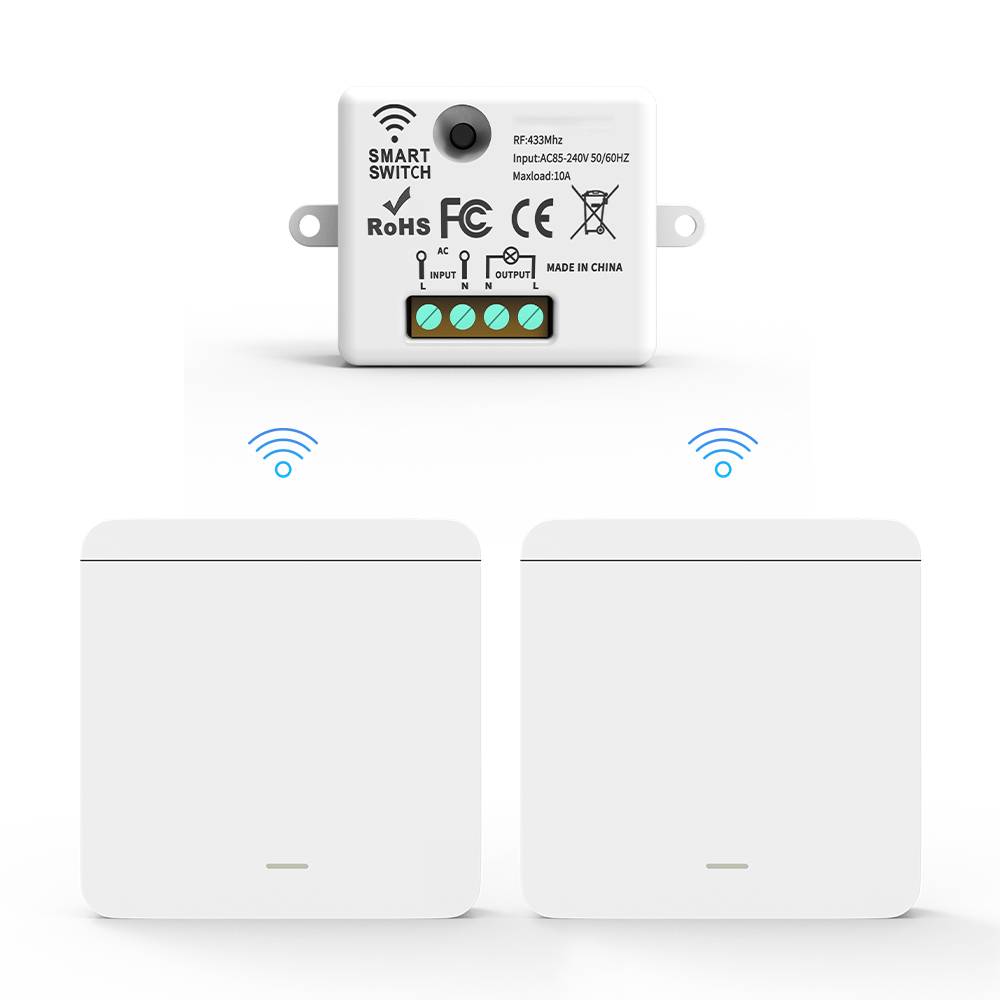 Smart-Switch-Modul über zwei Wandschaltern, das die drahtlose Steuerung von zwei Geräten über Wi-Fi-Symbole anzeigt.