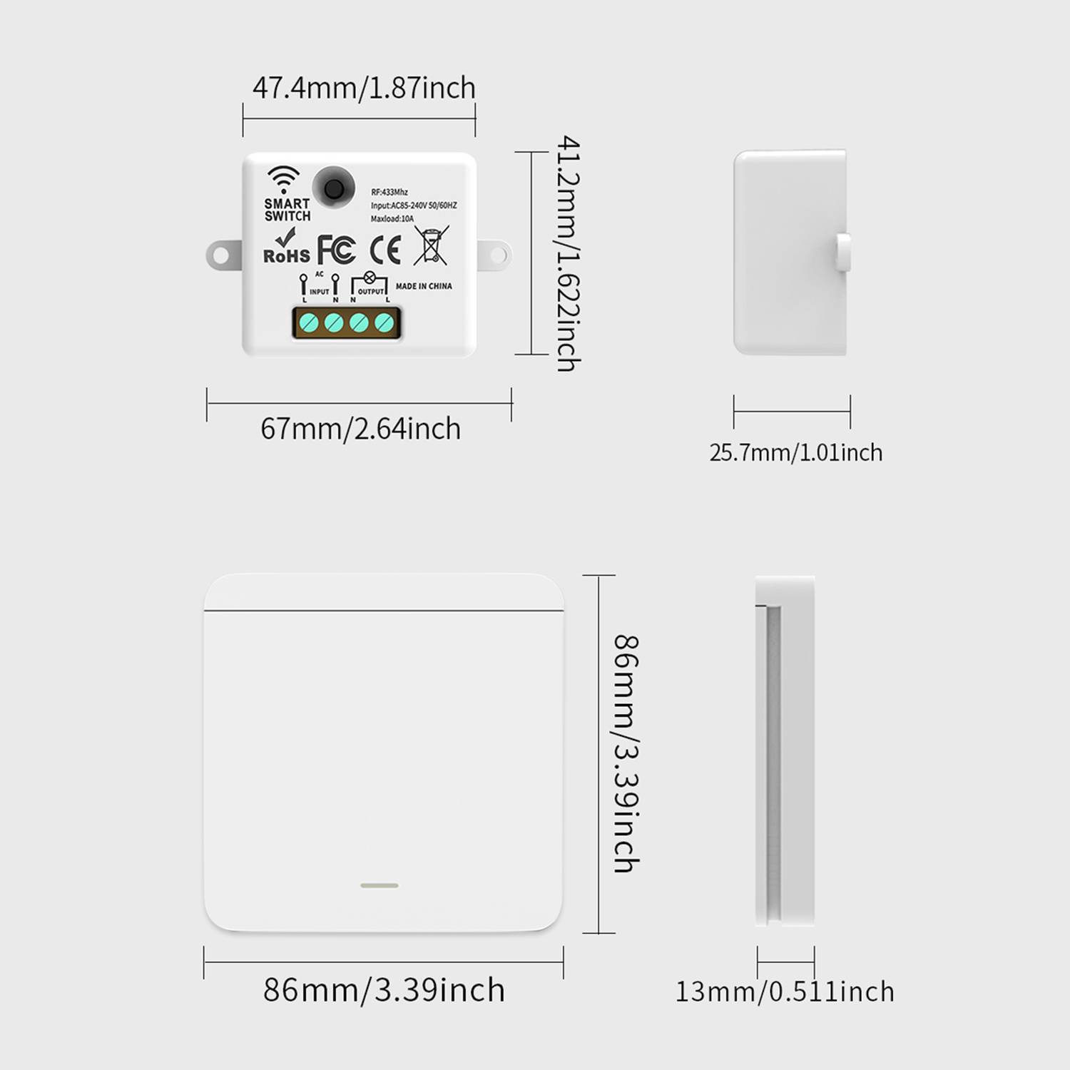 Dimensioniertes Produktdiagramm eines kleinen weißen Smart-Switch-Moduls und einer Wandschalter-Blende mit Vorder-, Seitenansicht und Größenmessungen in mm und Zoll.