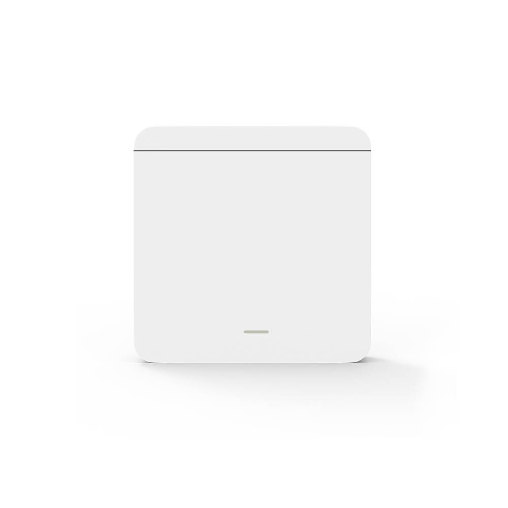Weißer quadratischer kabelloses Router- oder Modemgerät mit abgerundeten Ecken, zentriert auf einfarbig weißem Hintergrund.