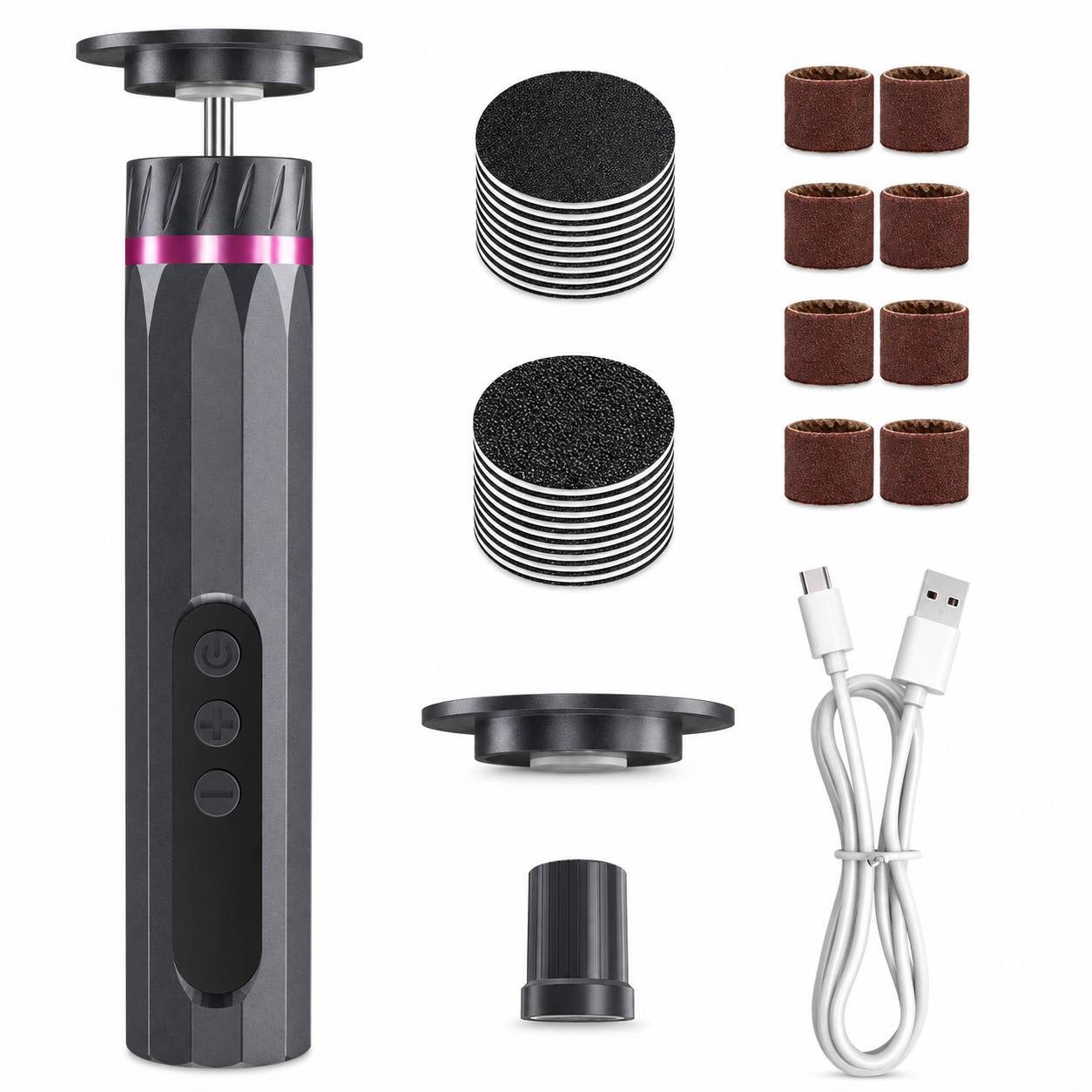 Elektrisches Nagelschleif-Set mit tragbarem Trimmer, Schleifscheiben, Austausch-Aufsätzen, USB-Ladekabel und Zubehörkappe.