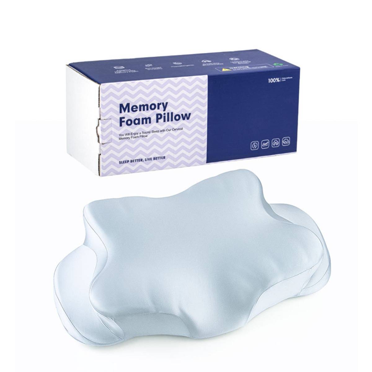 Gedächtnisschaumkissen mit konturierter Form unten neben seiner blauen Produktschachtel, die mit 