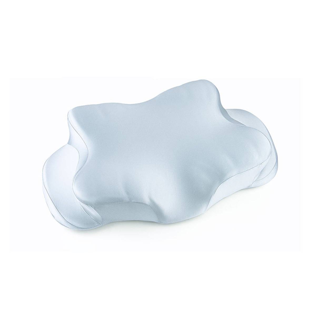 Hellblaues ergonomisches Memory-Foam-Kissen mit konturierter, wolkenähnlicher Form auf weißem Hintergrund.
