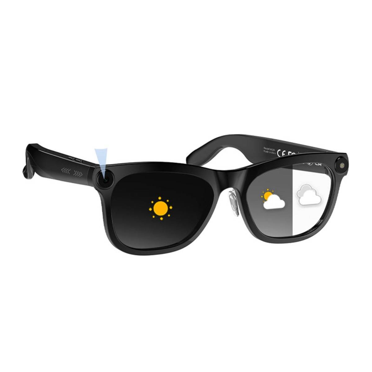 Schwarze intelligente Sonnenbrille mit integrierter Kamera und Displays, die Sonne und Wettersymbole auf den Gläsern anzeigt.