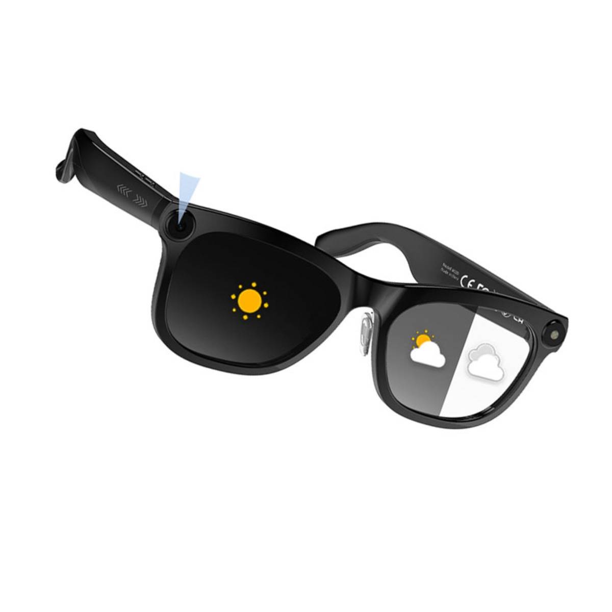 Schwarze Smart-Sonnenbrille mit einer eingebauten Kamera in der Nähe des linken Scharniers und Anzeige-Symbolen, die Sonne und teilweise bewölktes Wetter auf den Gläsern zeigen.