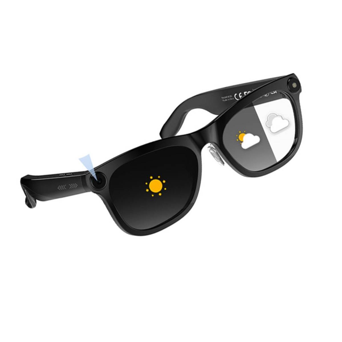 Schwarze intelligente Sonnenbrille mit eingebauter Kamera und Wetter-Anzeigesymbolen auf den Gläsern, gezeigt vor weißem Hintergrund.
