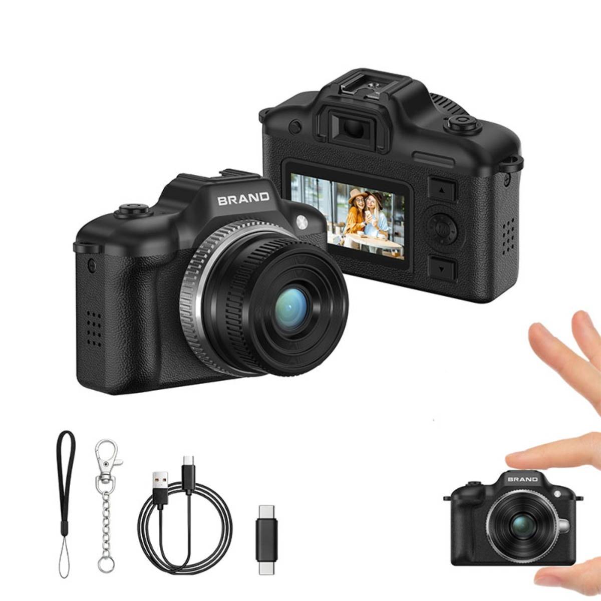 Schwarze digitale Kamera von vorne und hinten mit Rückbildschirm, plus beigefügtem USB-Kabel, Riemen, Adapter und Schlüsselanhänger-Zubehör auf weißem Hintergrund.