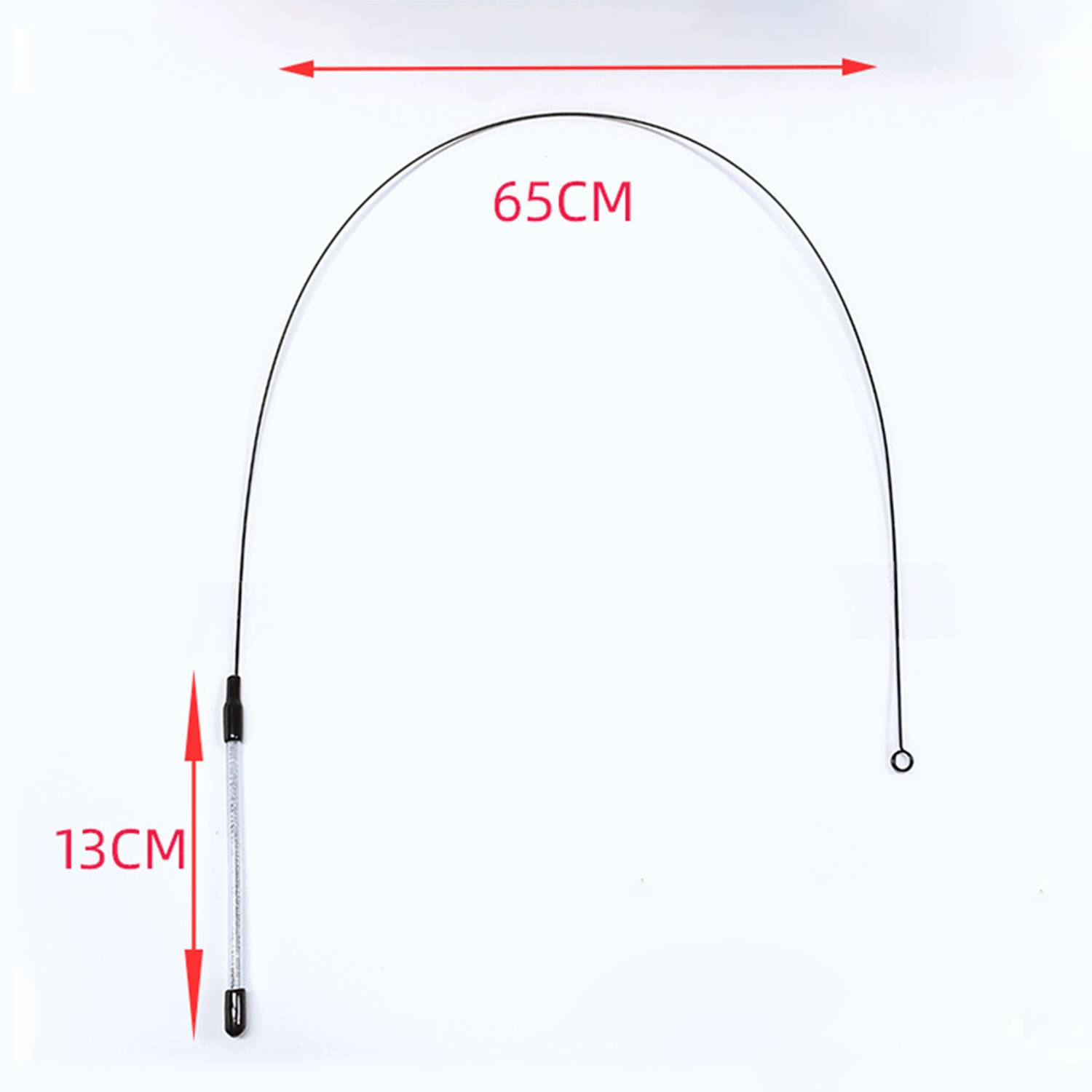 U-förmiges Metallkabel mit Schleifenenden und einem zylindrischen Abschnitt, gekennzeichnet mit 65 cm Breite und 13 cm Länge.