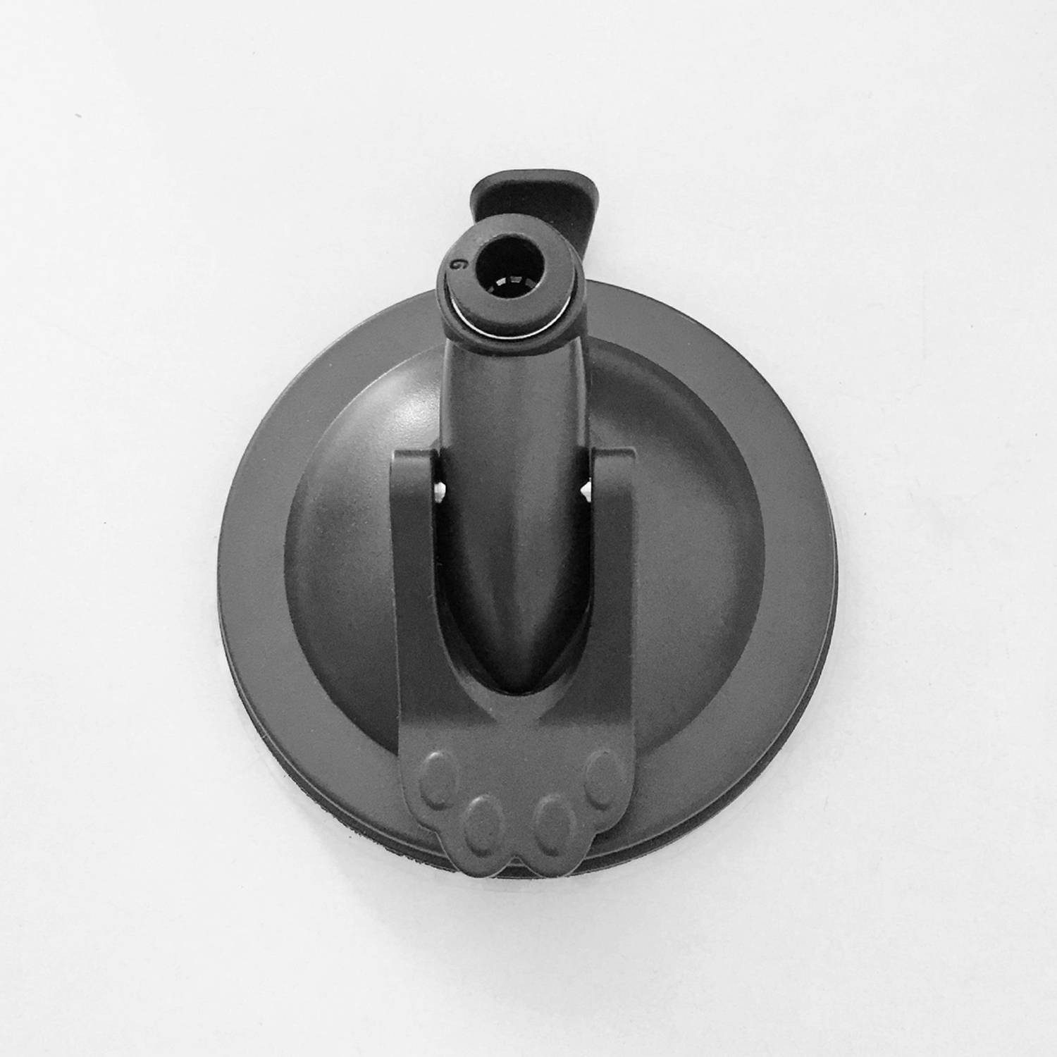 Schwarze Saugnapfhalterung mit verstellbarem vertikalem Arm und runder Basis, vor weißem Hintergrund dargestellt.