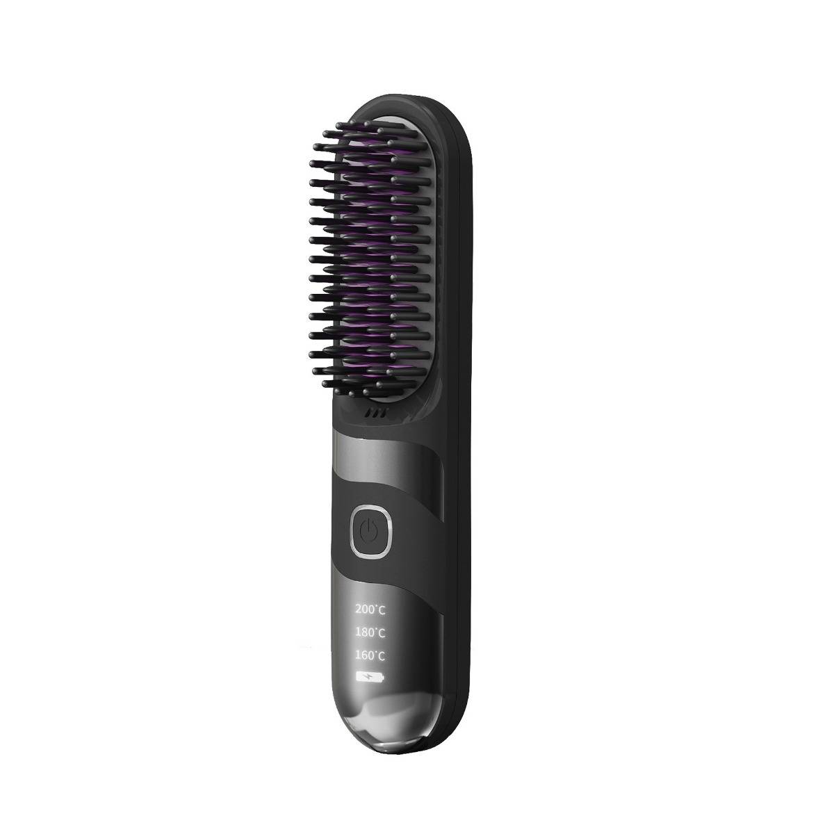 Schwarze elektrische Haarglättungsbürste mit violetten Borsten und Temperatureinstellungen von 140°C bis 200°C.