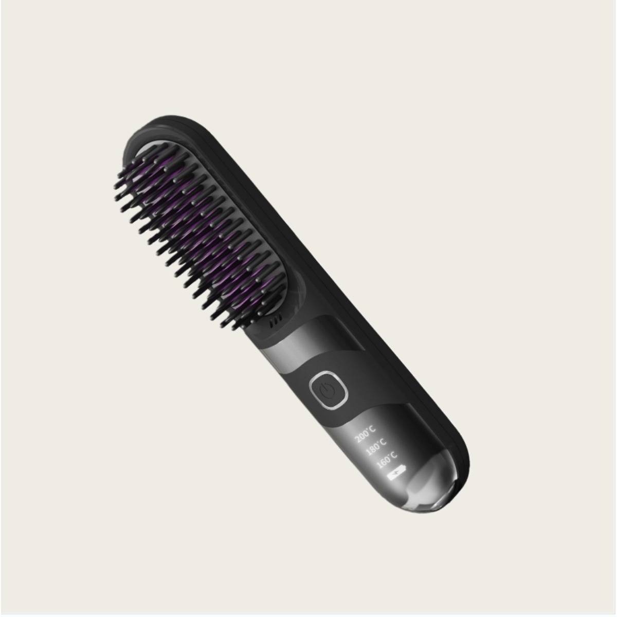 Schwarze beheizte Haarglättungsbürste mit violetten Borsten und Temperaturreglern auf hellem Hintergrund.