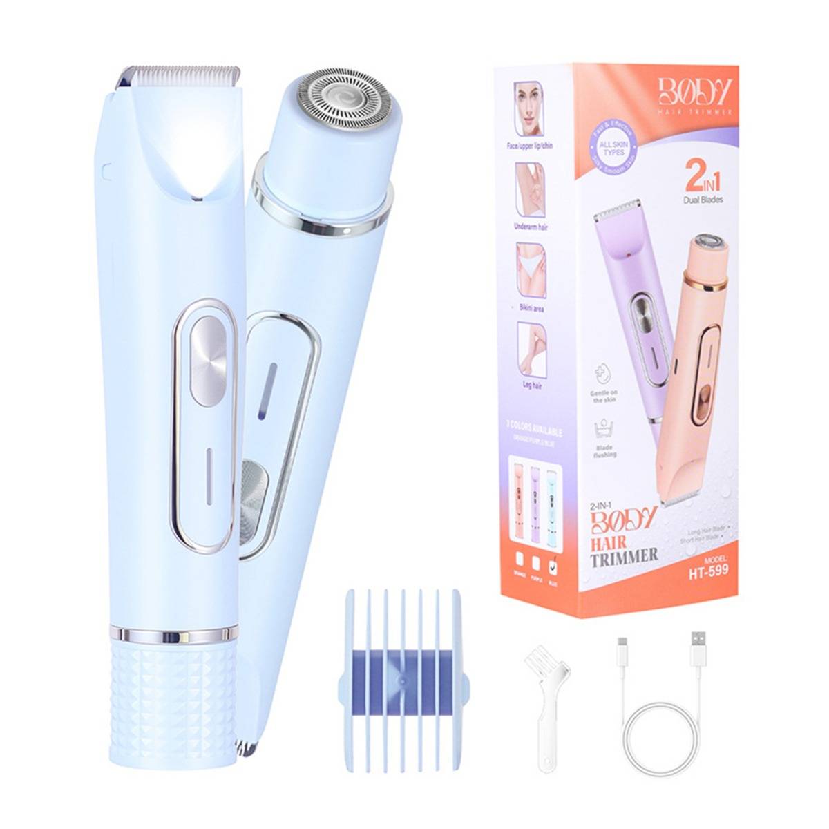 Werbebild eines 2-in-1 Körperhaartrimmer- und Rasierer-Sets in Blau, gezeigt mit Schachtel, Kammaufsätzen, Reinigungsbürste und Ladekabel.