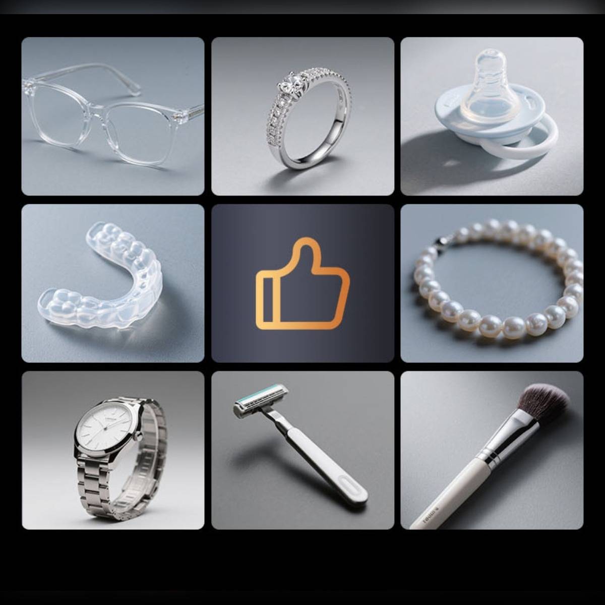 Neun-teiliges Gitter mit alltäglichen Objekten und Accessoires: Brille, Diamantring, Schnuller, Zahnschiene, Daumen-hoch-Symbol, Perlarmband, Armbanduhr, Rasierer und Makeup-Pinsel.