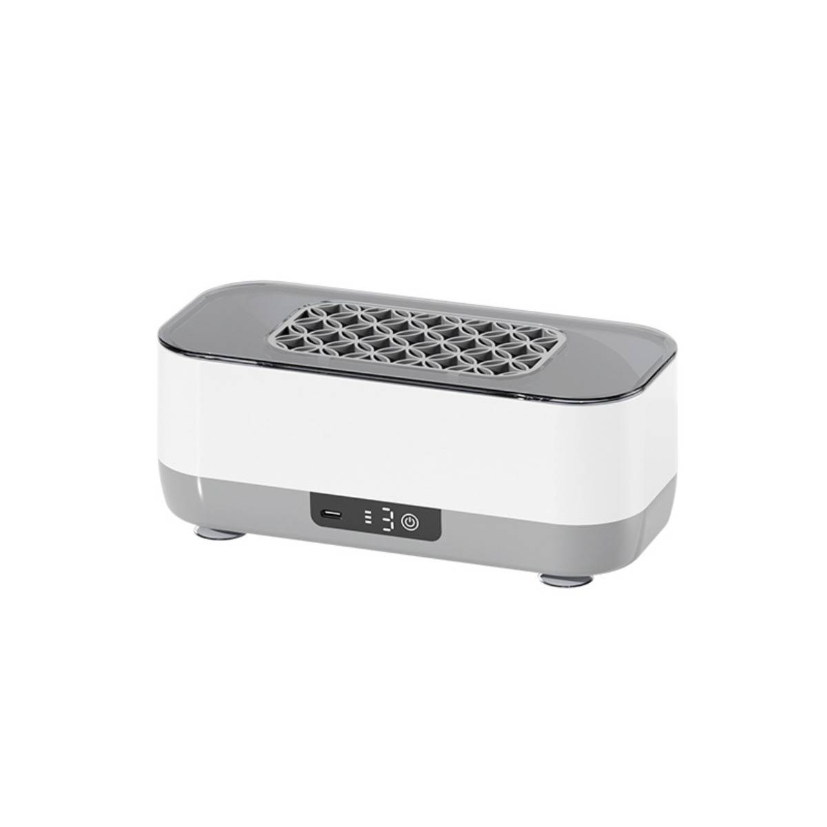 Weißer und grauer Tischplatz-Luftbefeuchter oder Diffuser mit perforierter Oberseite und vorderer Bedienblende auf neutralem Hintergrund.