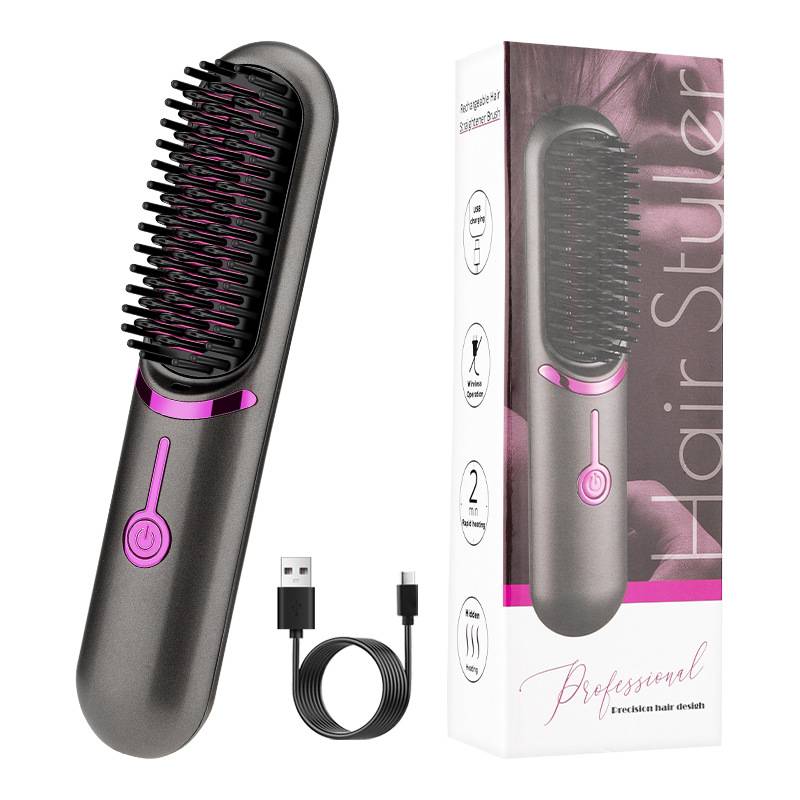 Elektrische Haarglättungsbürste mit USB-Ladekabel und Produktverpackung, gezeigt in Schwarz und Rosa.