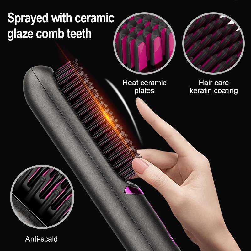 Eine Hand, die eine beheizte Haarglättungsbürste mit Kammzähnen hält, gekennzeichnet mit keramischer Glasurbeschichtung, wärmekeramischen Platten, Haarpflege-Keratinbeschichtung und Verbrühungsschutzfunktionen.