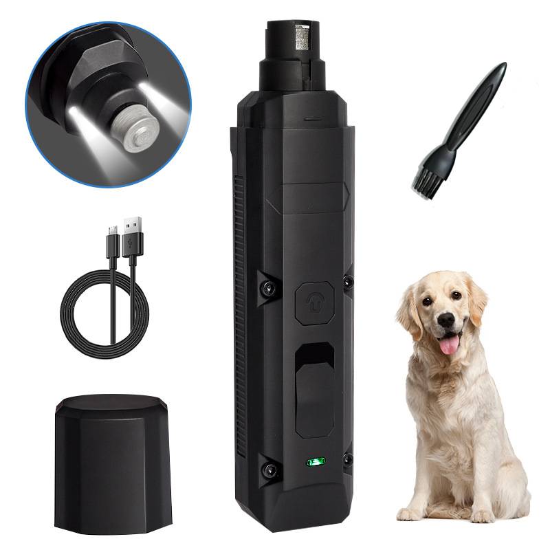 Schwarzer kabelloser Hundekrallenschleifer mit USB-Kabel, Ladekkappe, Reinigungsbürste, Nahaufnahme des Schleifkopfs und einem Golden Retriever zum Größenvergleich.