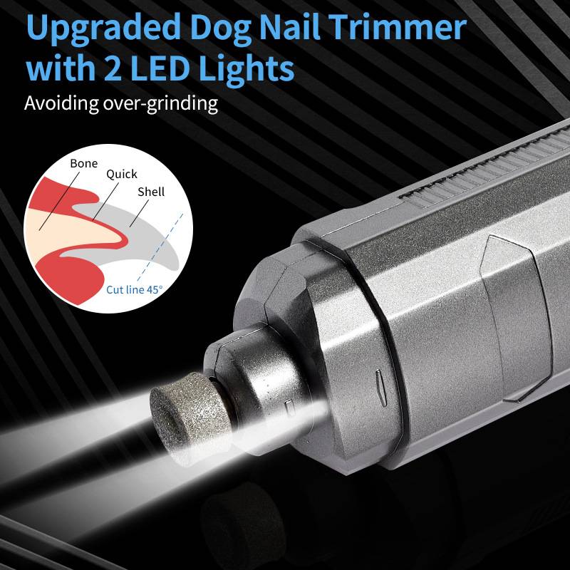 Nagelschleifer für Hunde mit 2 LED-Leuchten, zeigt einen leuchtenden Schleifkopf und eingeblendetes Diagramm für sicheres Schneiden in der Nähe des Nagelkeims, um Übersclieifen zu vermeiden.