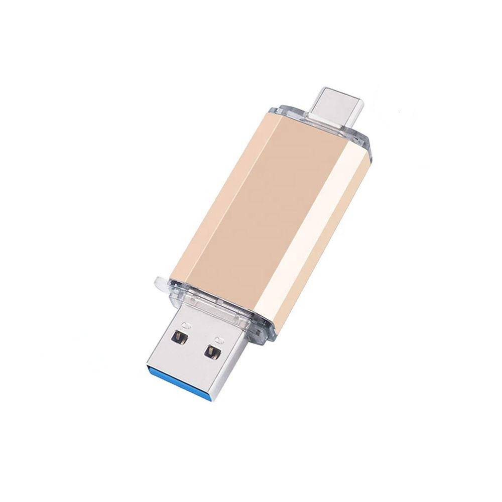 Goldener USB-Speicherstick mit Doppelsteckern, auf weißem Hintergrund dargestellt